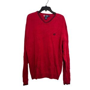 Vintage Chaps Cotton V-Neck Jumper Mens L Red Classic Knit Sweater Embroidered L